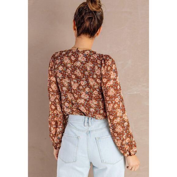 Sage the Label Brown Floral Balloon Sleeve Surplice Bodysuit Size Small - Picture 10 of 10